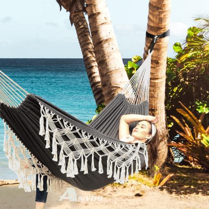 Garden Cotton Hammock Comfortable Fabric Elegant Deluxe Tassels Durable Swing Hammock Up to 450lbs Portable Hammock with Travel Bag,Perfect for Porch Patio Yard Bedroom Outdoor/Indoor