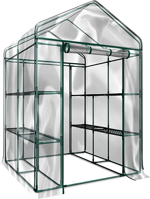 Walk in Greenhouse with 8 Sturdy Shelves and PVC Cover for Indoor or Outdoor Use - 56 x 56 x 76-Inch