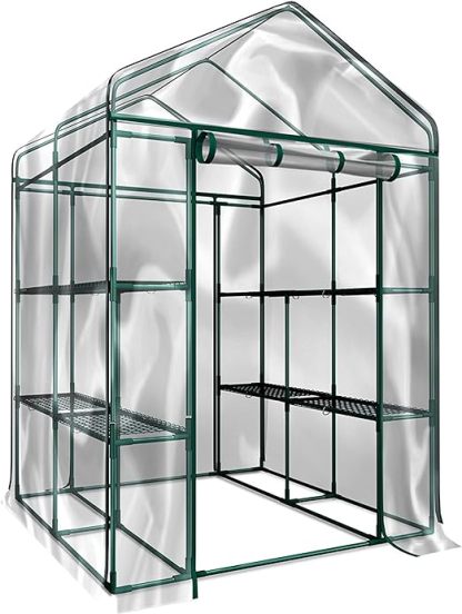Walk in Greenhouse with 8 Sturdy Shelves and PVC Cover for Indoor or Outdoor Use - 56 x 56 x 76-Inch