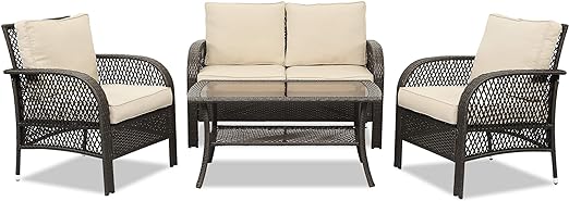 Patio Conversation Sets, 4 Pieces Patio Bistro Set with Coffee Table and Thick Cushions, All Weather Contemporary Grey Rattan Chair, Outdoor Furniture Set