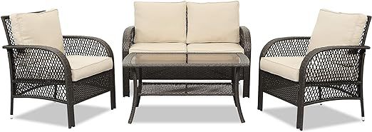 Patio Conversation Sets, 4 Pieces Patio Bistro Set with Coffee Table and Thick Cushions, All Weather Contemporary Grey Rattan Chair, Outdoor Furniture Set