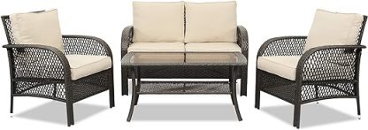 Patio Conversation Sets, 4 Pieces Patio Bistro Set with Coffee Table and Thick Cushions, All Weather Contemporary Grey Rattan Chair, Outdoor Furniture Set