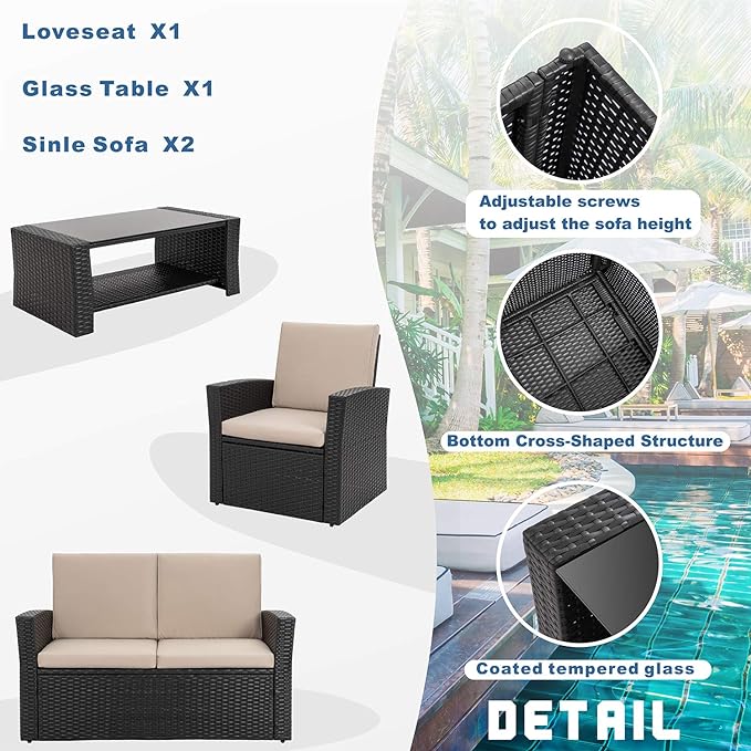 4-Piece Outdoor Patio Furniture Set, Wicker Rattan Sectional Sofa Couch with Glass Coffee Table