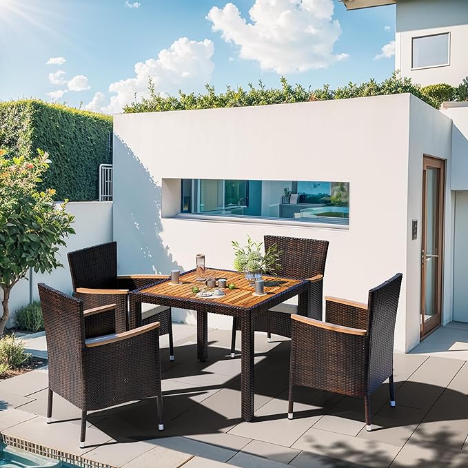 5 Piece Patio Dining Set, Wicker Patio Conversation Set with Wood Table Top