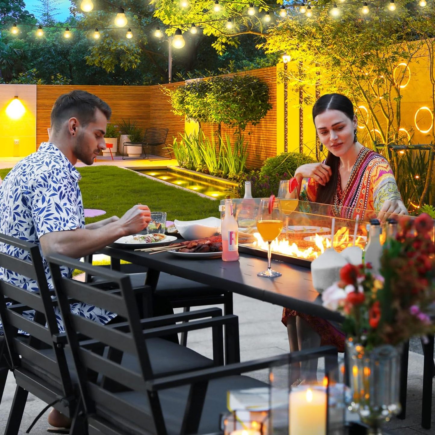 Outdoor Patio Furniture Sets Aluminum Dining Set Large Size Dining Table with Fire Pit Table