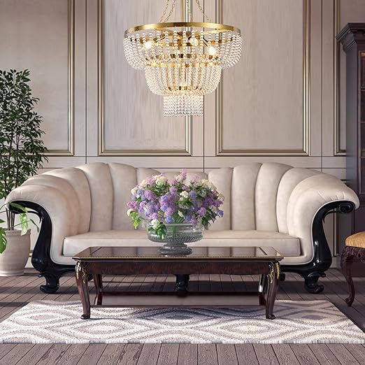 Beaded Chandelier for Dining Room, Modern Gold Pendant Hanging Light 3 Tiers, Boho Crystal Chandelier for Bathroom,Foyer,Entryway, Brushed Brass Finished with Glass Bead (Glass Bead)