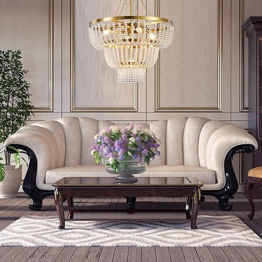 Beaded Chandelier for Dining Room, Modern Gold Pendant Hanging Light 3 Tiers, Boho Crystal Chandelier for Bathroom,Foyer,Entryway, Brushed Brass Finished with Glass Bead (Glass Bead)