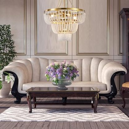 Beaded Chandelier for Dining Room, Modern Gold Pendant Hanging Light 3 Tiers, Boho Crystal Chandelier for Bathroom,Foyer,Entryway, Brushed Brass Finished with Glass Bead (Glass Bead)