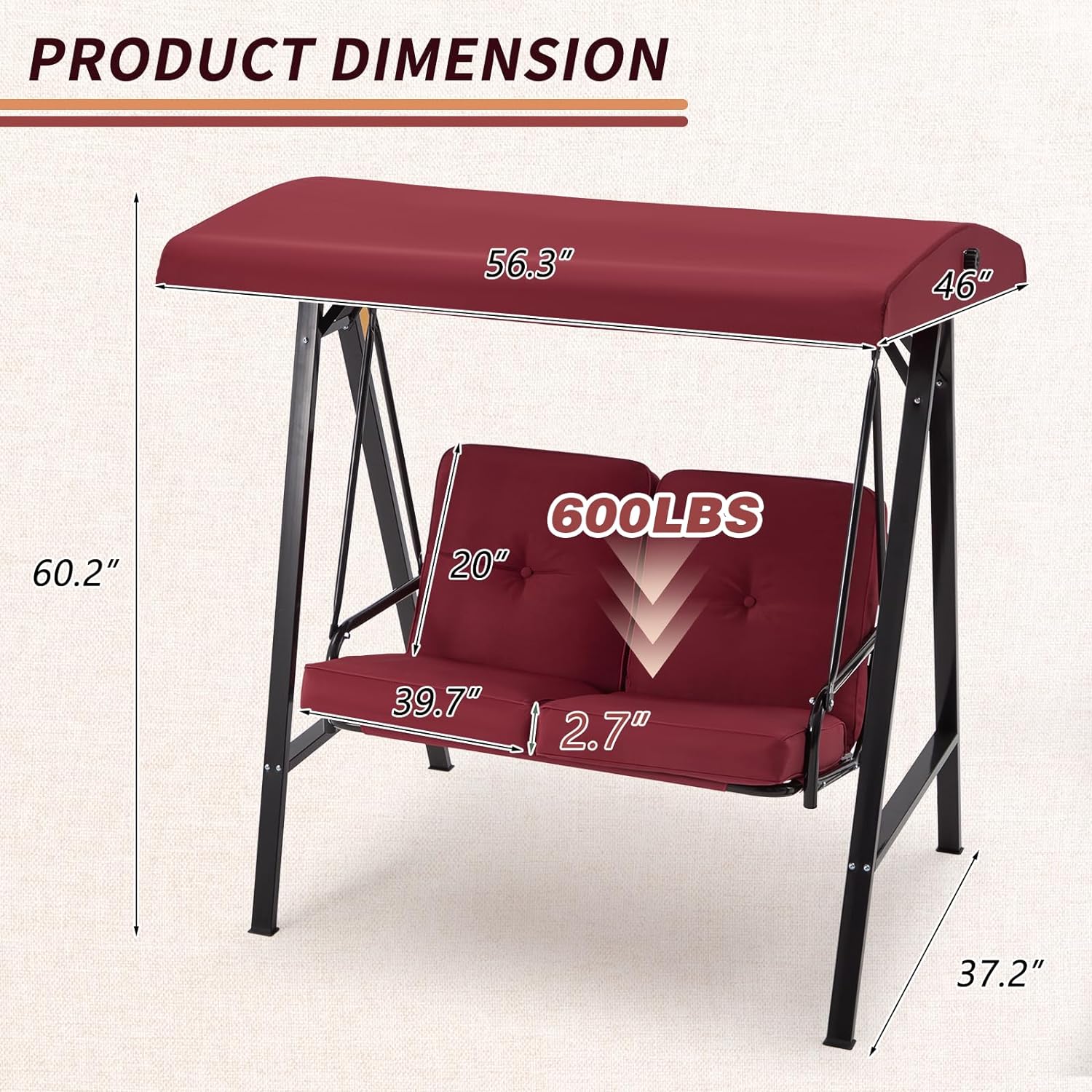 2-Seat Outdoor Patio Swing Chair, Canopy Swing with Removable Cushions & Adjustable Canopy & Steel Frame for Garden, Porch, Balcony, Backyard, Red