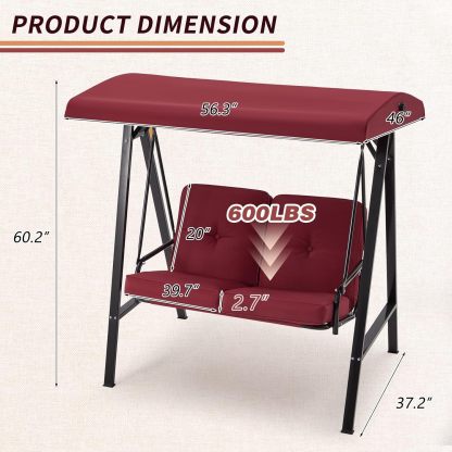 2-Seat Outdoor Patio Swing Chair, Canopy Swing with Removable Cushions & Adjustable Canopy & Steel Frame for Garden, Porch, Balcony, Backyard, Red