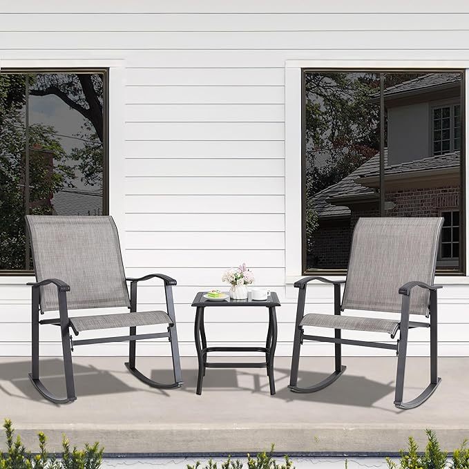 3 Piece Rocking Bistro Set, Outdoor Furniture with Rocker Chairs and Glass Coffee Table Set of 3