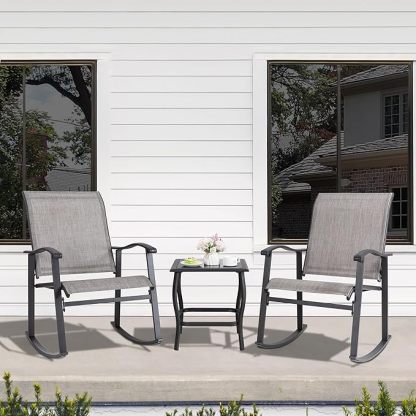 3 Piece Rocking Bistro Set, Outdoor Furniture with Rocker Chairs and Glass Coffee Table Set of 3