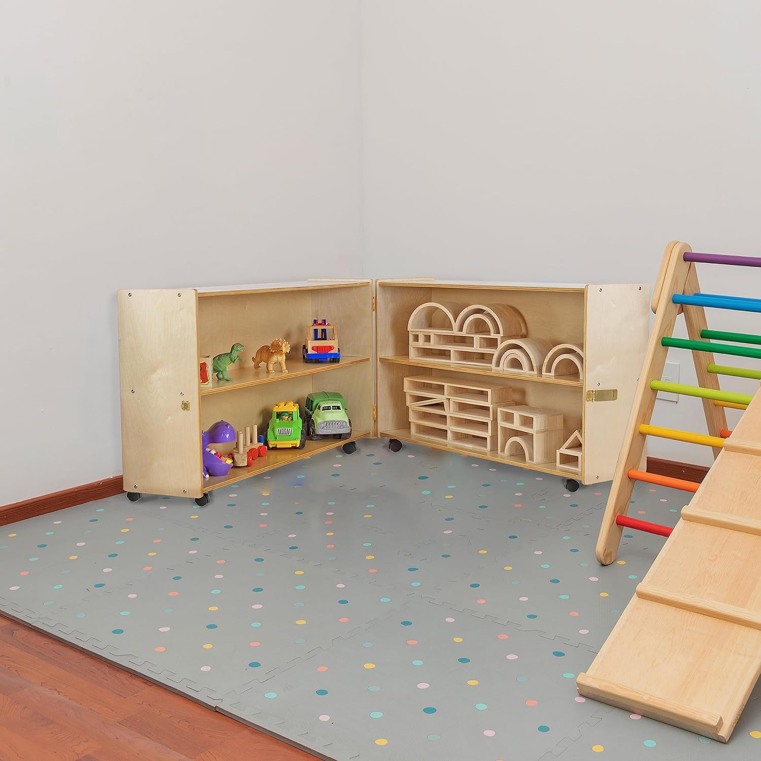 Birch Wood Folding Bookcase with Casters, Toy Organizer