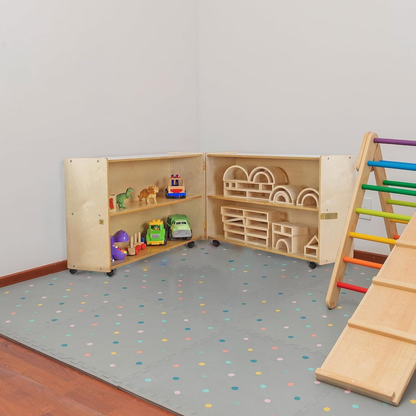 Birch Wood Folding Bookcase with Casters, Toy Organizer