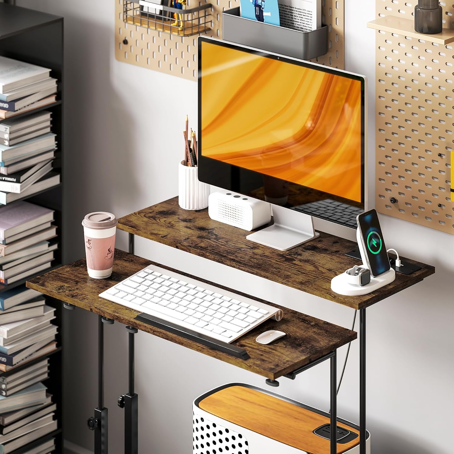 Stand Up Desk with Tiltable Tabletop, Lockable Wheels, Bottom Shelf