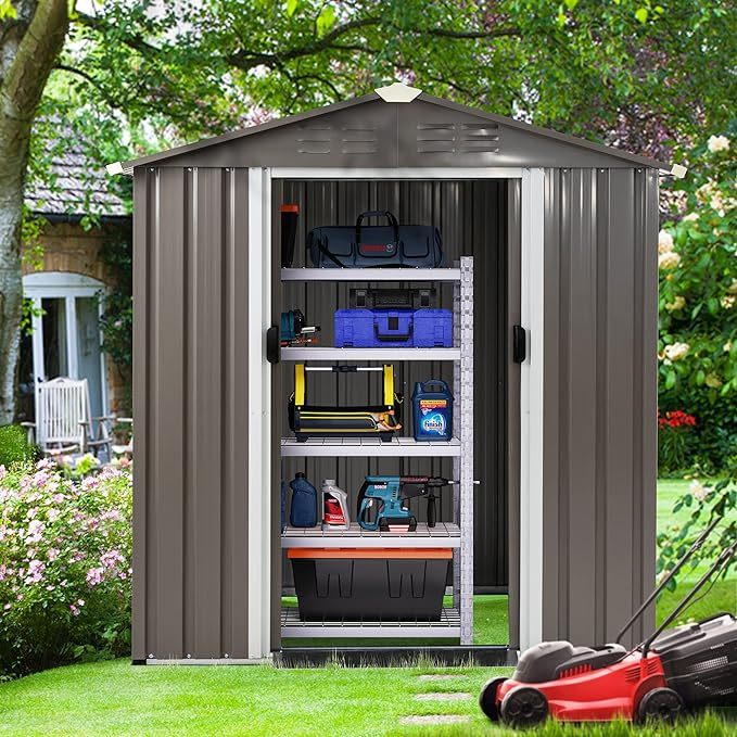 6X4 FT Outdoor Storage Shed, Waterproof Metal Garden Sheds with Lockable Double Door