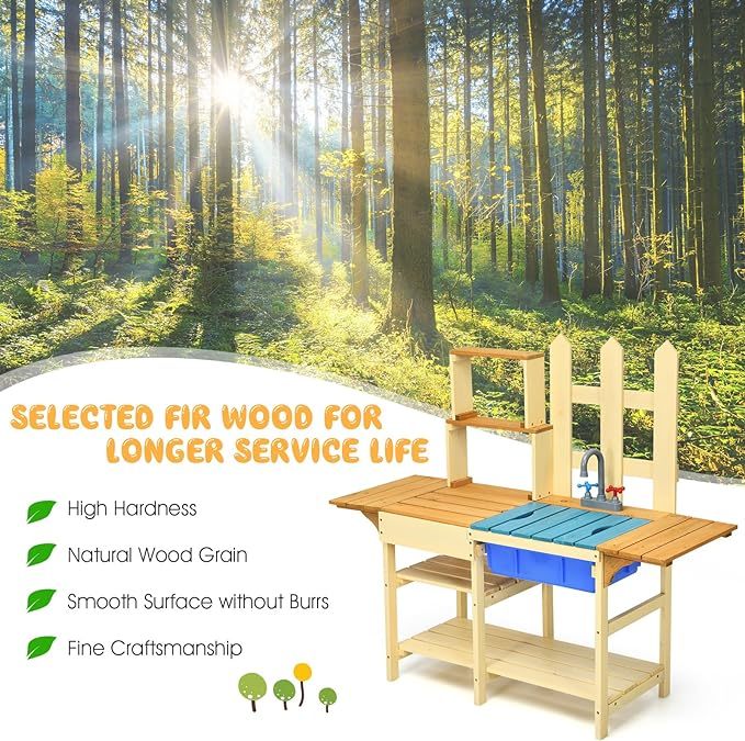 Indoor Outdoor Wooden Pretend Play Toy Kitchen with Removable Sink