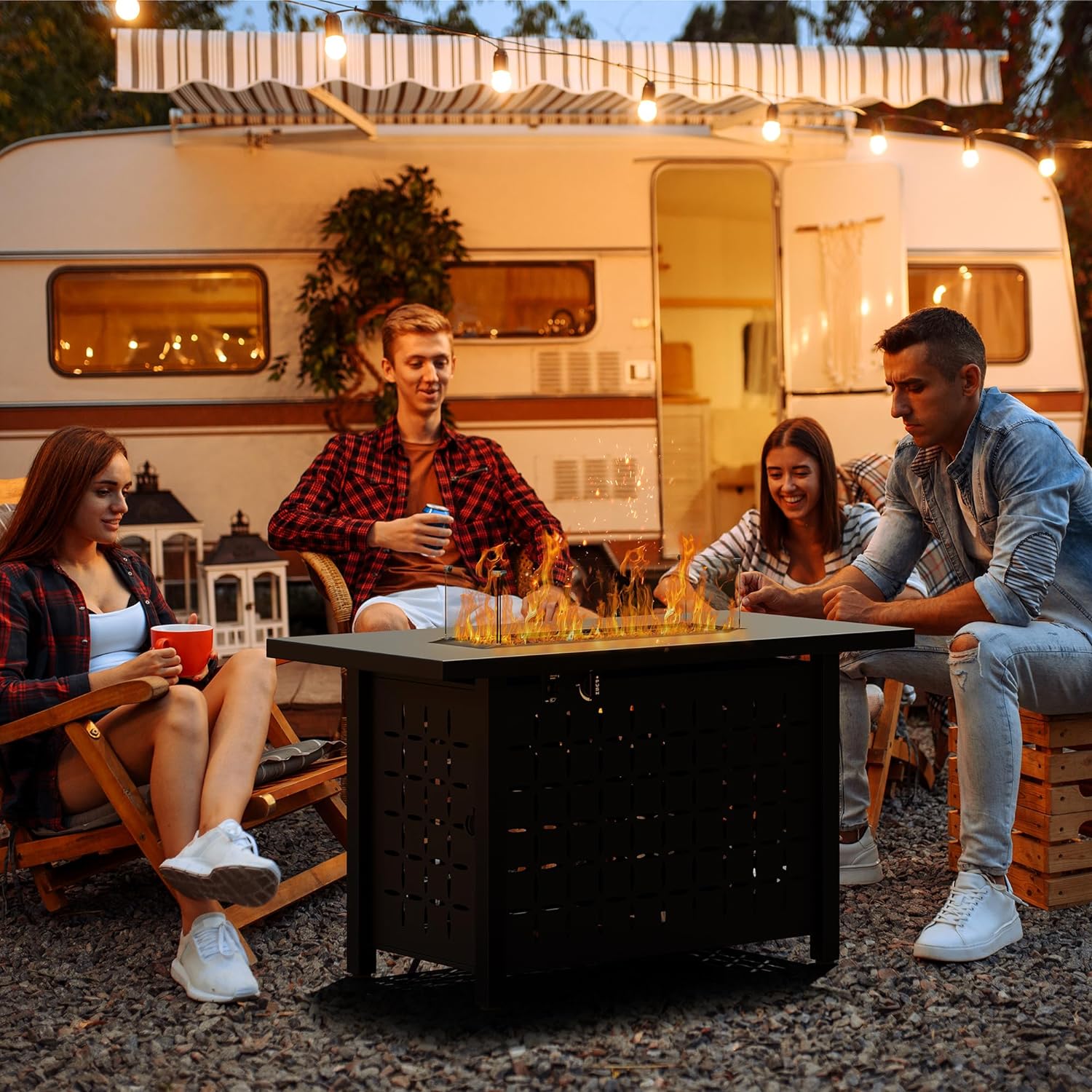 30 inch Propane Fire Pit, Square Gas Fire Pit Table with Grey Ceramic Tile Tabletop and Lid