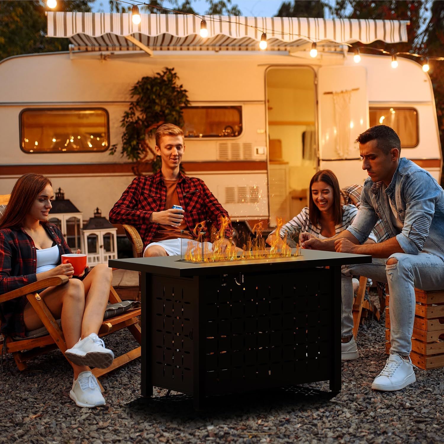 30 inch Propane Fire Pit, Square Gas Fire Pit Table with Grey Ceramic Tile Tabletop and Lid