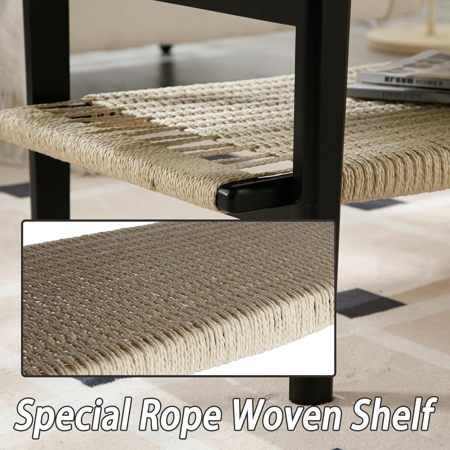 Black Coffee Table with Storage Shelf for Living Room Mid Century Sofa Tables