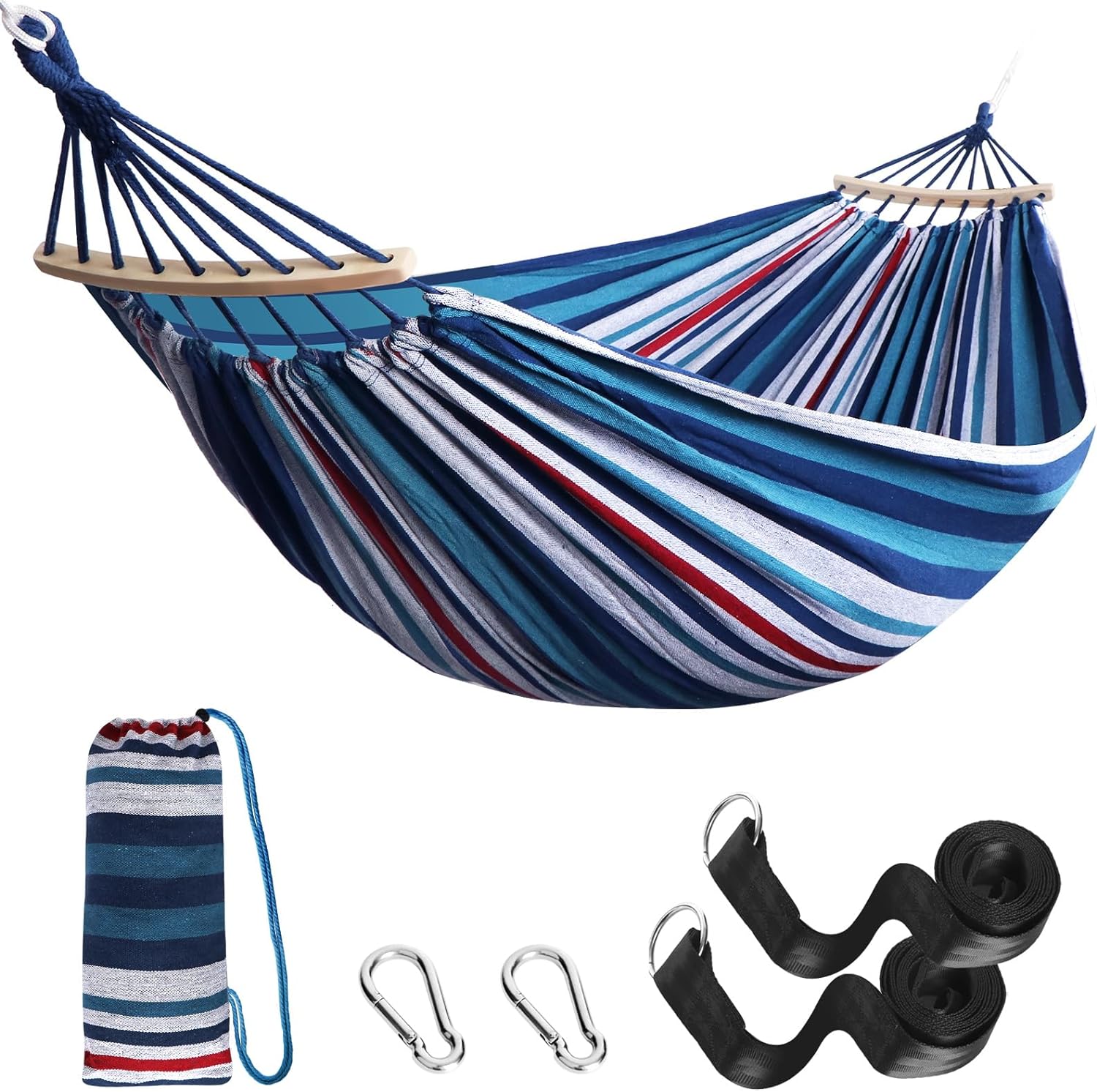 Garden Cotton Hammock Comfortable Fabric Hammock with Spreader Bar Durable Hammock Up to 450lbs Portable Lightweight Hammock with Travel Bag,Perfect for Camping Outdoor/Indoor Patio Backyard