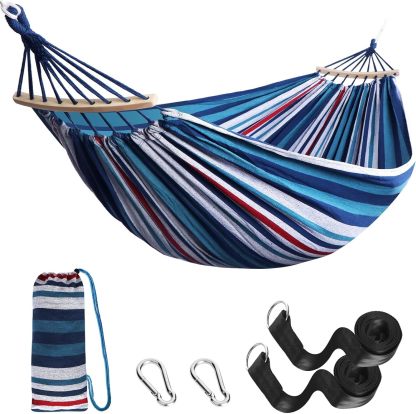 Garden Cotton Hammock Comfortable Fabric Hammock with Spreader Bar Durable Hammock Up to 450lbs Portable Lightweight Hammock with Travel Bag,Perfect for Camping Outdoor/Indoor Patio Backyard
