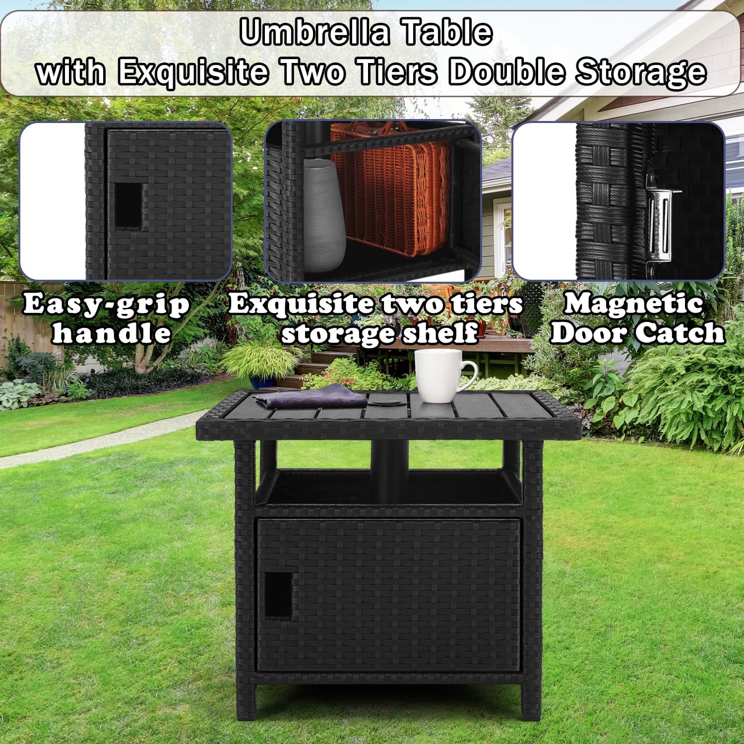 Outdoor Patio Umbrella Side Table with Umbrella Hole Small Wicker Coffee Table