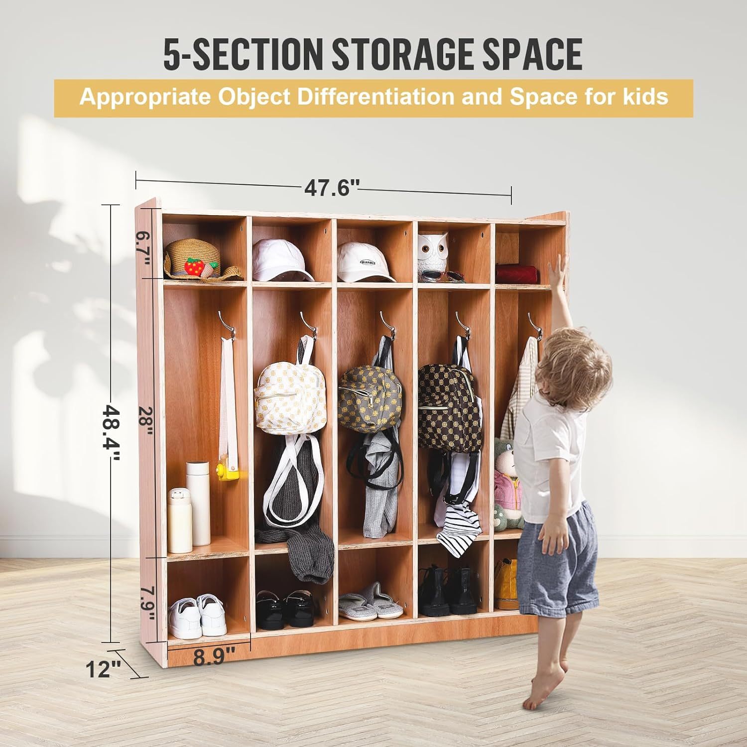 5-Section Classroom Coat Locker Glazed Finished, 10 Cubbies for Classrooms