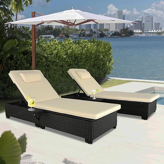 Outdoor Chaise Lounge Patio Wicker Lounge Chair Adjustable with 5-Position Design Wooden Texture for Patio, Beach and Poolside (White)f