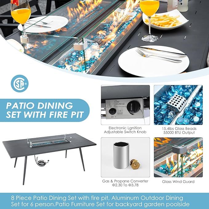 Outdoor Patio Furniture Sets Aluminum Dining Set Large Size Dining Table with Fire Pit Table