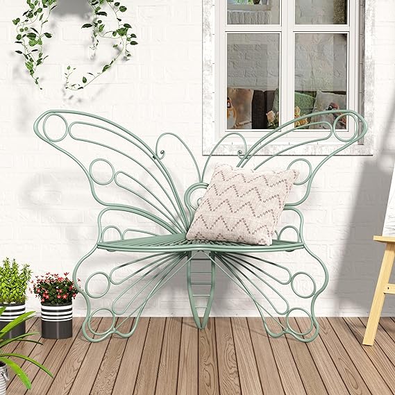50 Inches Outdoor Bench, Cast Iron Metal Frame Patio Outdoor Garden Bench with Butterfly Inspired Pattern, Front Porch Bench for Outdoors, Deck, Lawn, Balcony, Backyard
