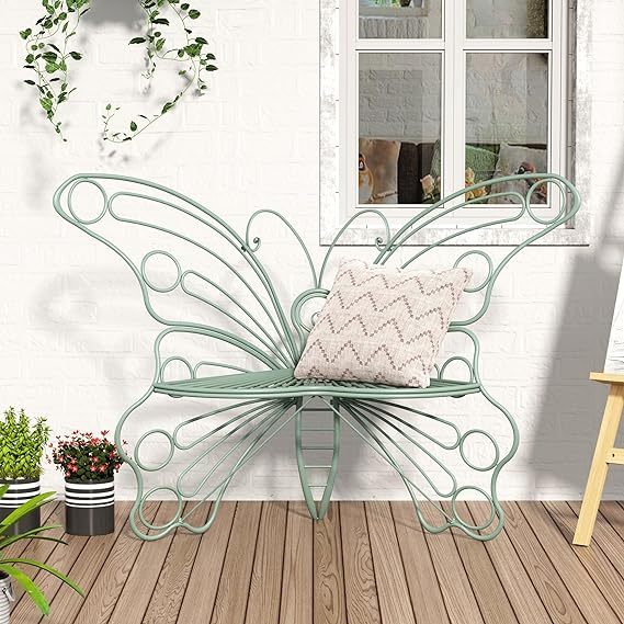 50 Inches Outdoor Bench, Cast Iron Metal Frame Patio Outdoor Garden Bench with Butterfly Inspired Pattern, Front Porch Bench for Outdoors, Deck, Lawn, Balcony, Backyard