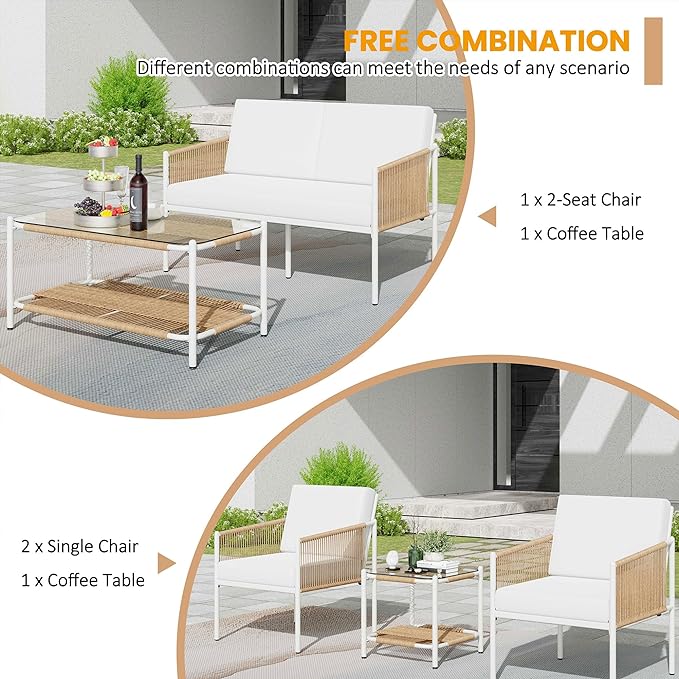 5 Piece Wicker Outdoor Patio Furniture Set, White Metal Sofa Conversation Set