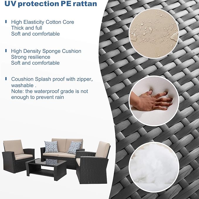 4-Piece Outdoor Patio Furniture Set, Wicker Rattan Sectional Sofa Couch with Glass Coffee Table