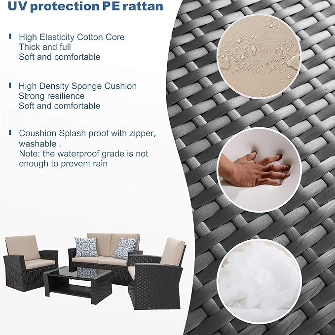 4-Piece Outdoor Patio Furniture Set, Wicker Rattan Sectional Sofa Couch with Glass Coffee Table