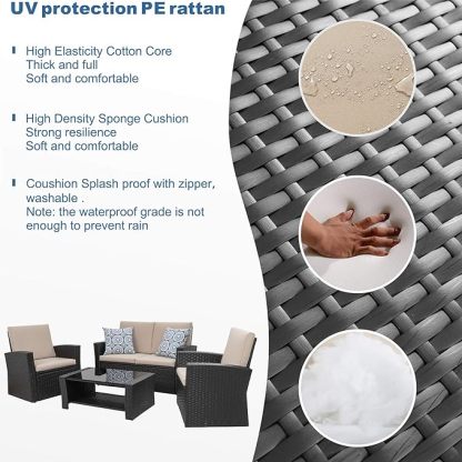 4-Piece Outdoor Patio Furniture Set, Wicker Rattan Sectional Sofa Couch with Glass Coffee Table