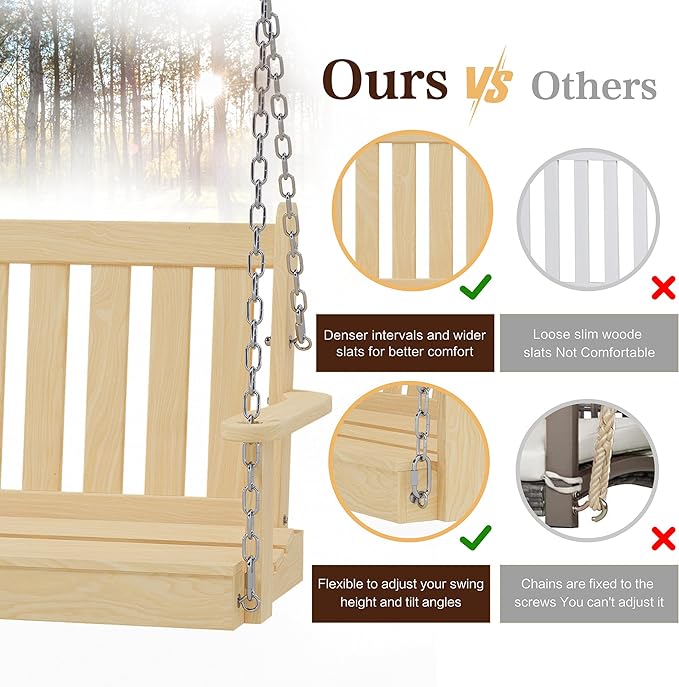 Outdoor Patio Hanging Wooden Porch Swing 4FT with Chains