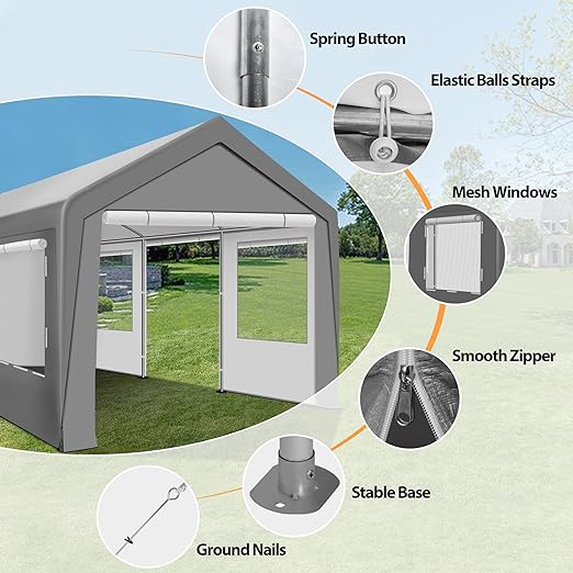 Upgraded 10 x 20Ft Heavy Duty Carport, Portable Garage Shelter with with Roll-up Sidewall and Ventilated Windows, Sand Bags, for Truck, Boat, Car(White)