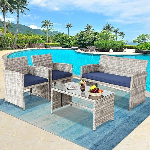 4 Pieces Outdoor Conversation Set Sectional Patio Furniture with PE Wicker Rattan Patio Set with Glass Coffee Side Table All Weather Furniture for Backyard