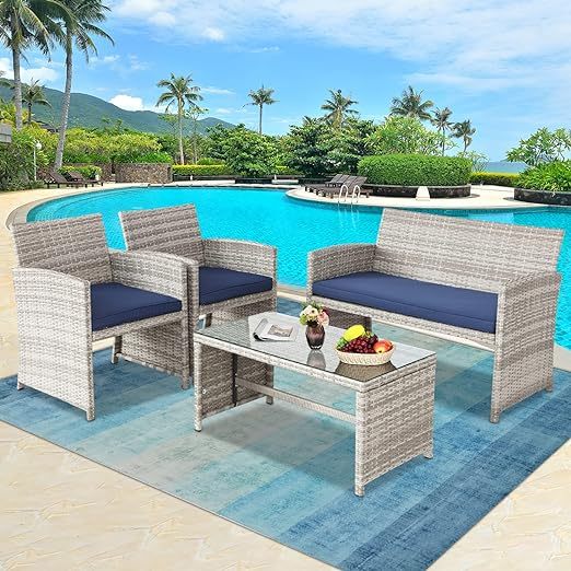 4 Pieces Outdoor Conversation Set Sectional Patio Furniture with PE Wicker Rattan Patio Set with Glass Coffee Side Table All Weather Furniture for Backyard