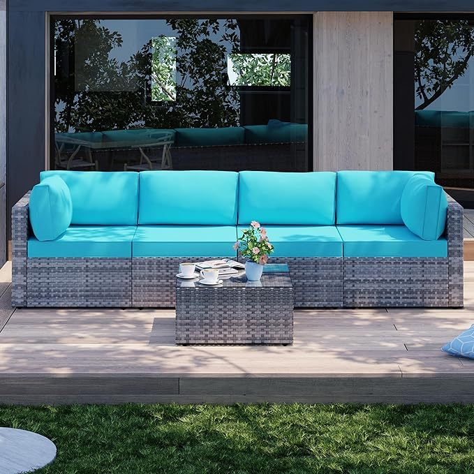 5 Pieces Outdoor Patio Sectional Sofa Couch, Silver Gray PE Wicker Furniture Conversation Set