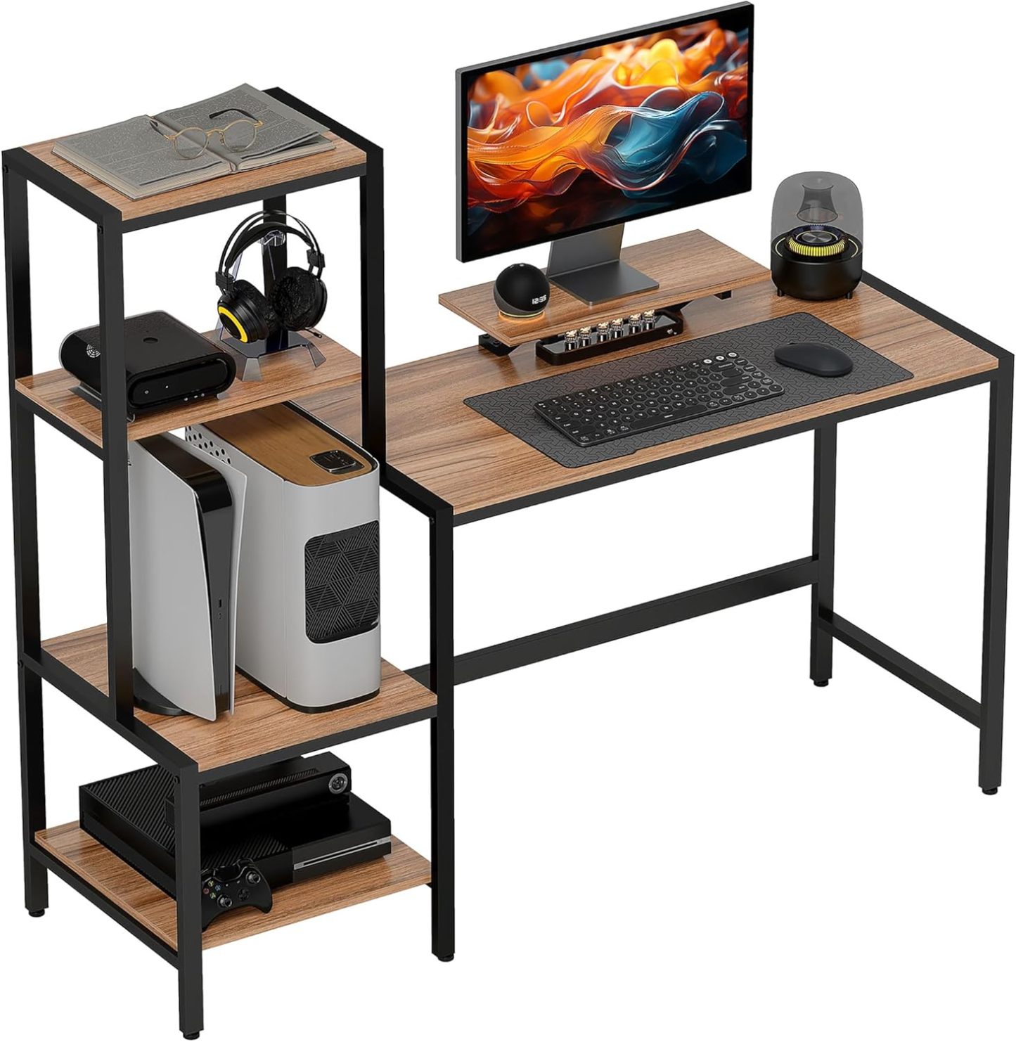 59" Gaming Desk, Reversible Computer Desk with Monitor Stand and 4-Tier Storage Shelves