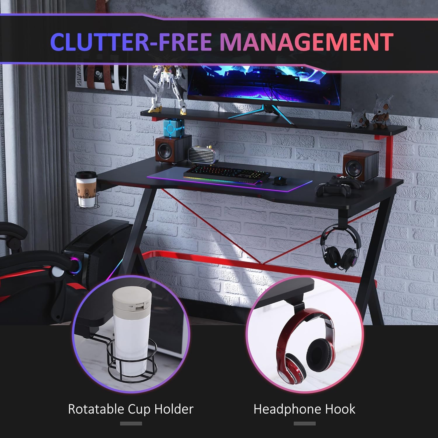 47 Inch Gaming Desk Racing Computer Desk Home Office Workstation with Elevated Monitor Shelf
