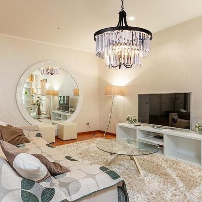 Crystal Chandelier, Modern 5 Light Foyer Chandeliers, Hanging Black Pendant Lights with Prism Crystal Shades, Farmhouse Ceiling Lighting Fixture for Kitchen Island, Dining Living Room, Bedroom