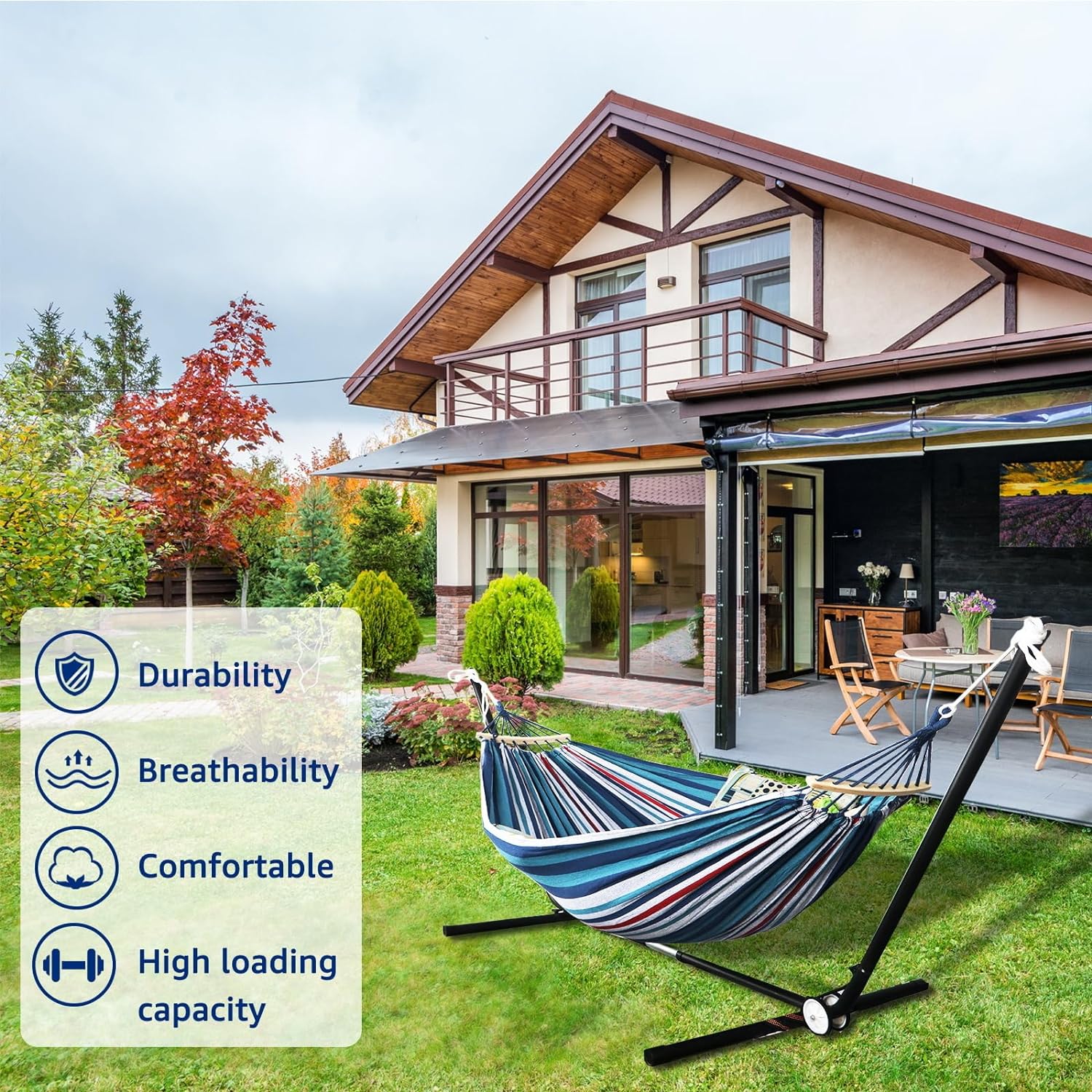 Garden Cotton Hammock Comfortable Fabric Hammock with Spreader Bar Durable Hammock Up to 450lbs Portable Lightweight Hammock with Travel Bag,Perfect for Camping Outdoor/Indoor Patio Backyard