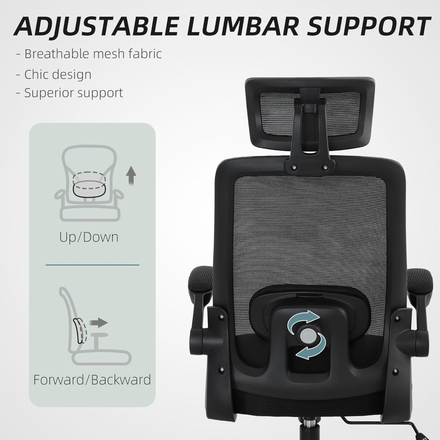 Ergonomic Office Chair, High Back Desk Chair with Flip-up Armrest, Rotatable Headrest, Tilt Function, Adjustable Lumbar Support