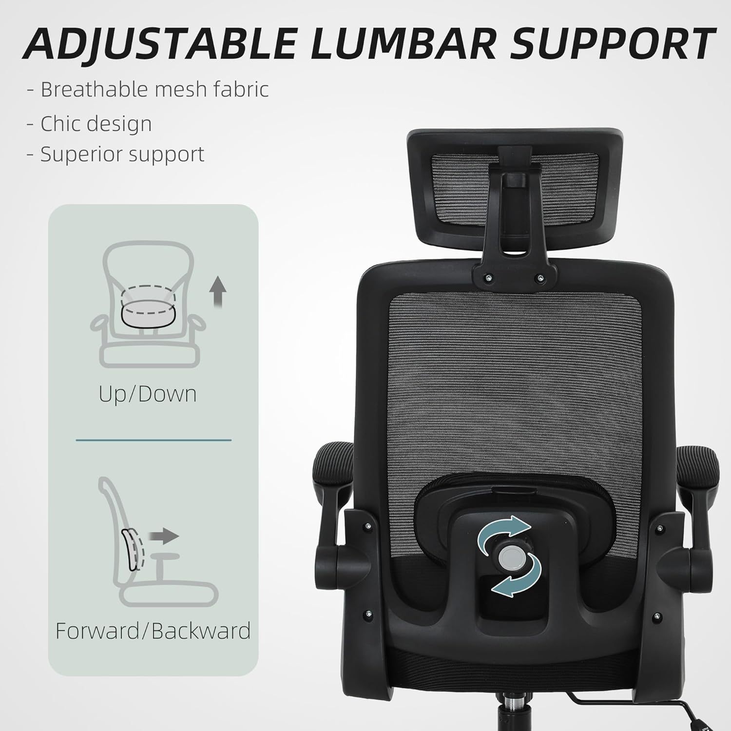 Ergonomic Office Chair, High Back Desk Chair with Flip-up Armrest, Rotatable Headrest, Tilt Function, Adjustable Lumbar Support