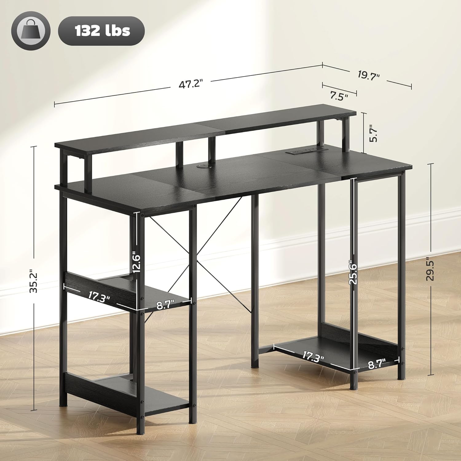 47" Gaming Desk with Power Outlets and LED Lights, Reversible Computer Desk with Monitor Stand and 2-Tier Storage Shelves