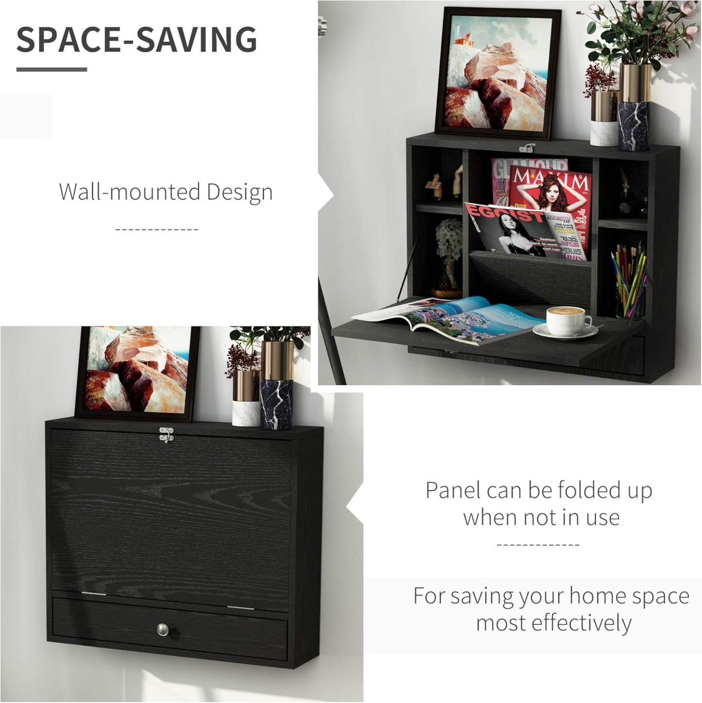 23.5 x 6 x 19.75 Inch Floating Desk with Foldable Tabletop, Space Saving Computer Writing Table