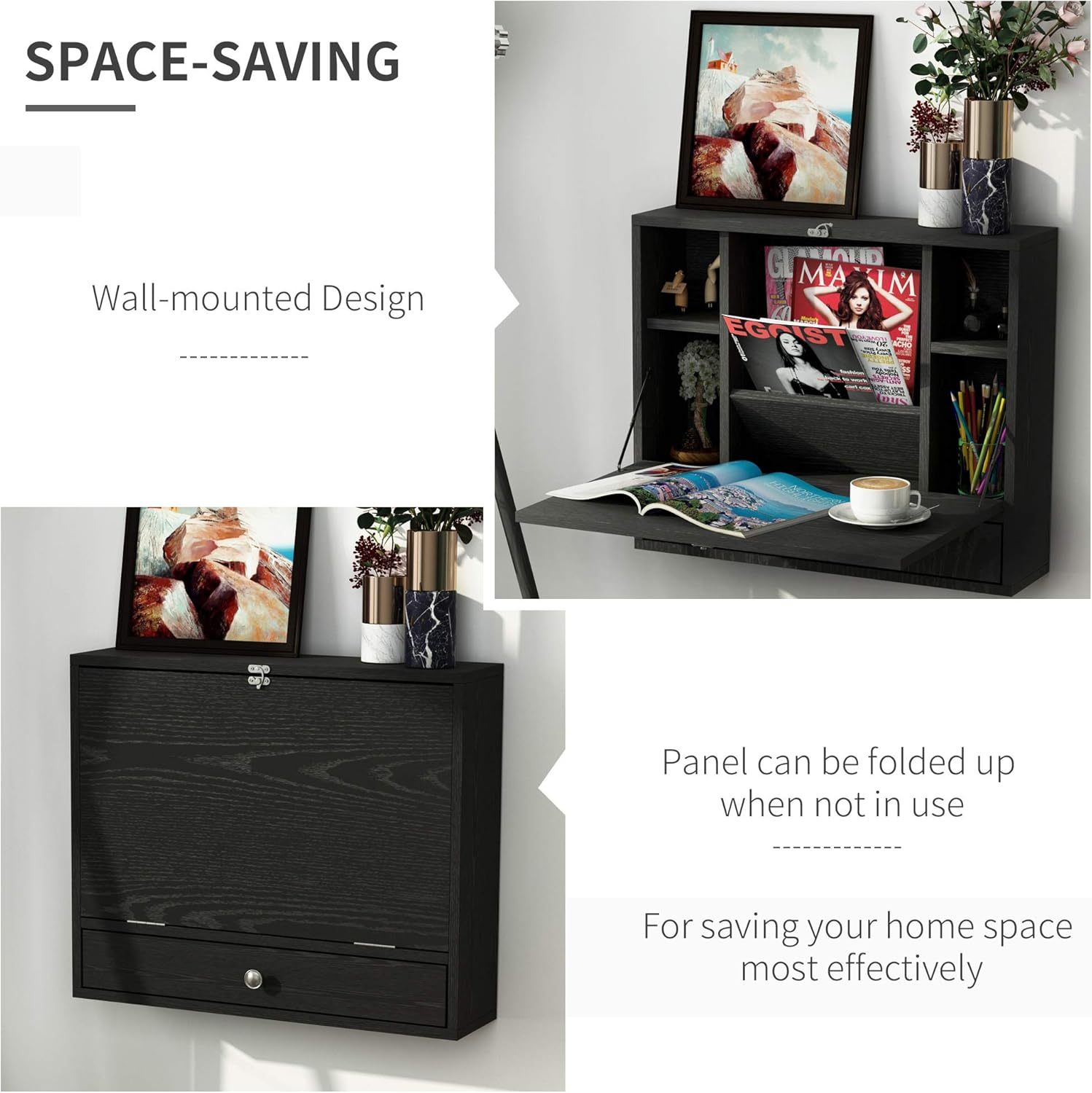 23.5 x 6 x 19.75 Inch Floating Desk with Foldable Tabletop, Space Saving Computer Writing Table